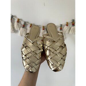 Zara Gold Metallic Woven Flat Almond Toe Slip On Mules Preppy Coquette Size 39